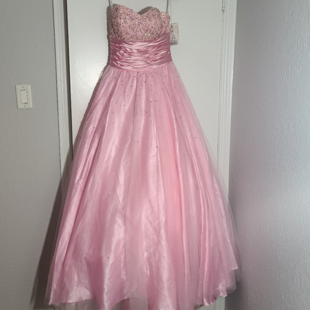 Baby pink ball gown with ruched satin midsection and beaded bust size 6
